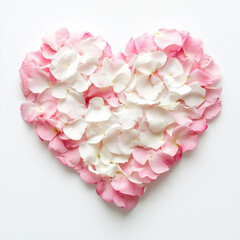 A heart-shaped arrangement of pink and white flower petals on a white background.Minimal creative flower shop Valentine's holiday concept.Copy space,flat lay 
