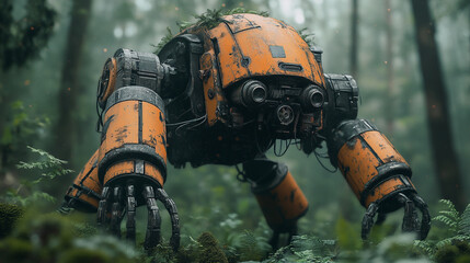Robot exploring a lush green forest with ferns and plants in the early morning light