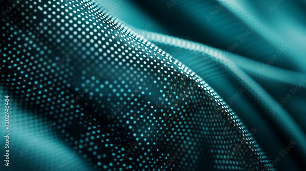 Poster textile pattern showcases a flowing design with vibrant turquoise dots in a modern setting