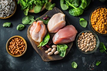 A creative display of a high-protein dinner, featuring chicken, legumes