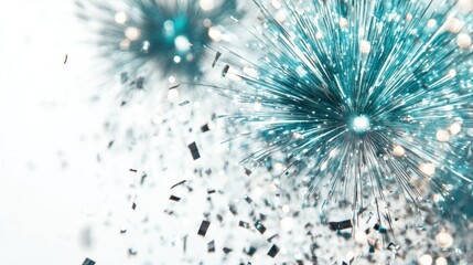 Obraz premium Teal and silver burst with confetti on white.