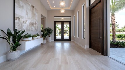 Fototapeta premium Modern home entryway, luxury interior, Florida, bright sunlight