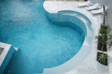 Aerial view of rectangular swimming pool with curved edge, deep blue water, lounge chairs, palm tree, and potted plants.