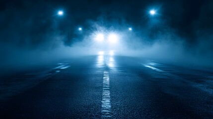 Foggy Night Road Lit By Streetlights And Headlights