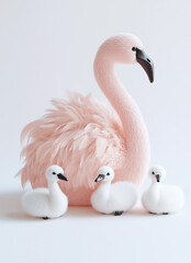 Obraz premium A minimalist pastel pink greeting card with a fluffy plush flamingo toy on it, featuring two small swans and one large one in the background,