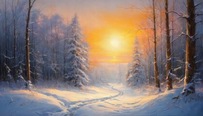 Obraz premium Snowy landscape painting with path, trees covered in snow, orange sunset sky, creating peaceful and serene mood.