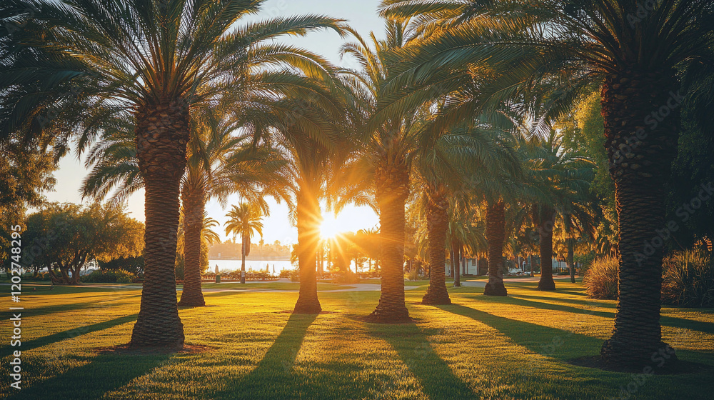 Poster sunlight filters through palm trees at dusk by the coast