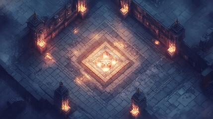 Fototapeta premium Fiery Crystal Battle Map Game: Aerial View