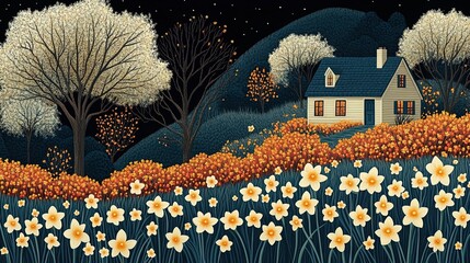 Obraz premium A serene landscape featuring a cozy house amidst blooming flowers and trees under a starry sky.