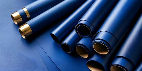 Fototapeta premium Rolls of Blue Textured Paper with Gold Accents, material, background, design, craft, stationery