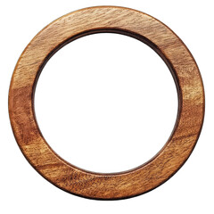 A simple round wooden frame, isolated on a PNG white background, with a large blank space for text or images to be placed inside the frame