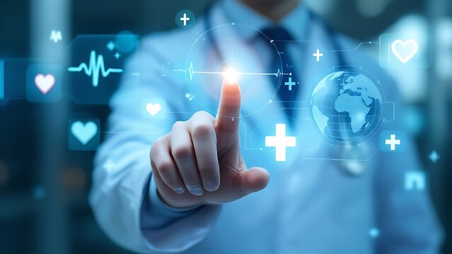 A digital composite showing a doctor touching a holographic interface with floating medical icons like a heartbeat monitor, a cross, and a globe, symbolizing worldwide healthcare advancements.