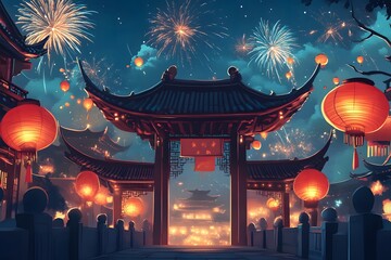 Fototapeta premium chinese temple at night, background for chinese new year greetings