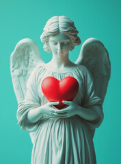 Marble  statue with angel wings, holding a vibrant red heart against pastel mint background. Emotions, love, Valentine's Day template