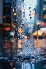 Abstract Macro Shot of Falling Water Droplets with Blurred City Lights Background.