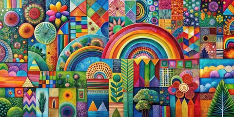 Vibrant Abstract Collage Featuring Geometric Shapes, Flowers, and Rainbow Arcs