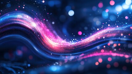 Abstract Glowing Light Waves on Dark Blue Background with Bokeh, Sparkling Particles and Dynamic Lines.