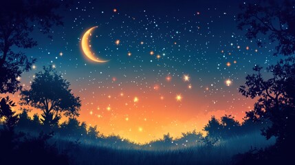 Fototapeta premium Enchanting Night Sky with Crescent Moon, Sparkling Stars and Silhouetted Trees, Soft Gradient Background