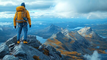 A hiker in a yellow jacket stands on a rocky peak, overlooking a breathtaking mountainous landscape.