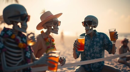 Three playful skeletons enjoying drinks on a sunny beach, wearing sunglasses and tropical attire, embodying a fun summer vibe.