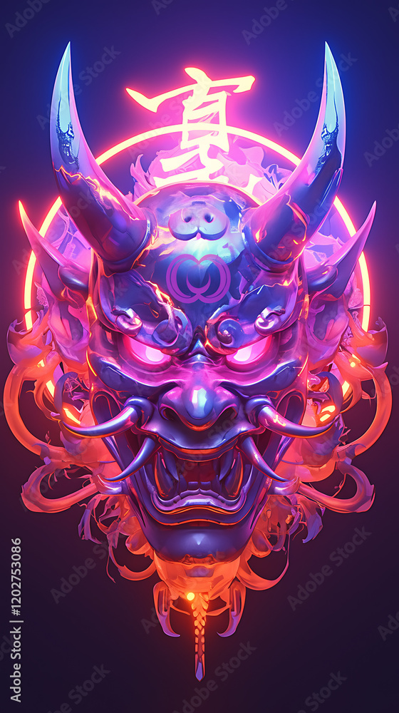 Aufkleber japanese demon mask with bright texture and glowing elements on soft gradient background