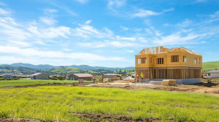 Obraz premium onstruction site with workers building a new home,