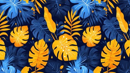 Tropical Paradise: Vibrant Blue and Orange Leaves Seamless Pattern