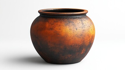A rustic, round clay pot with a gradient of orange and black hues, suitable for decorative use.