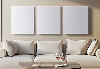 Three blank canvases above beige sofa with wine glasses.