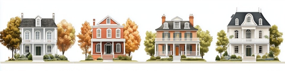 A row of four distinct Colonial house style icons, each showcasing unique architectural styles. The first house is gray with a gabled roof, the second is red brick with white trim.