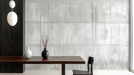 Modern Minimalist Dining Room with Wooden Table and Chair Against Stucco Wall