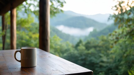 A rustic mountain cabin porch with a coffee mug on a table, mist rolling through the valleys in the background, peaceful and majestic