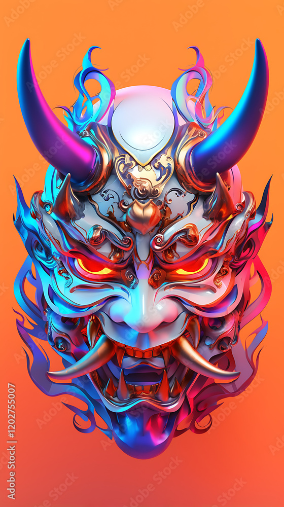 Aufkleber japanese demon mask with bright texture and glowing elements on soft gradient background