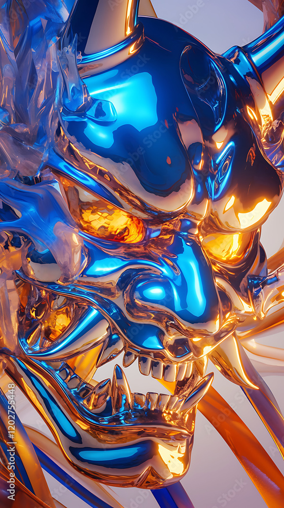 Poster japanese demon mask with bright texture and glowing elements on soft gradient background