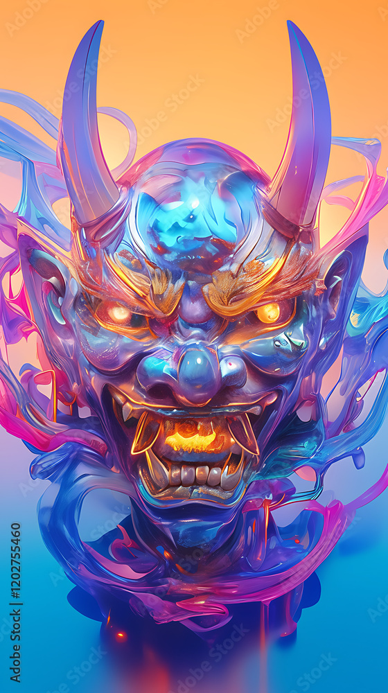 Poster japanese demon mask with bright texture and glowing elements on soft gradient background