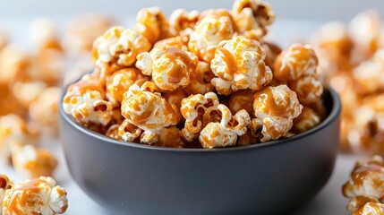 Caramel popcorn in bowl, sweet treat, food photography, snack, kitchen counter