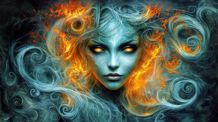 Fototapeta premium Enigmatic Woman with Ethereal Blue Features Surrounded by Fiery Flames and Swirling Smoke, Creating a Mystical and Captivating Atmosphere, Art Concept