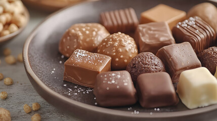 Assorted Gourmet Chocolates on Dark Plate, candy, sweets, dessert, confectionery, assortment