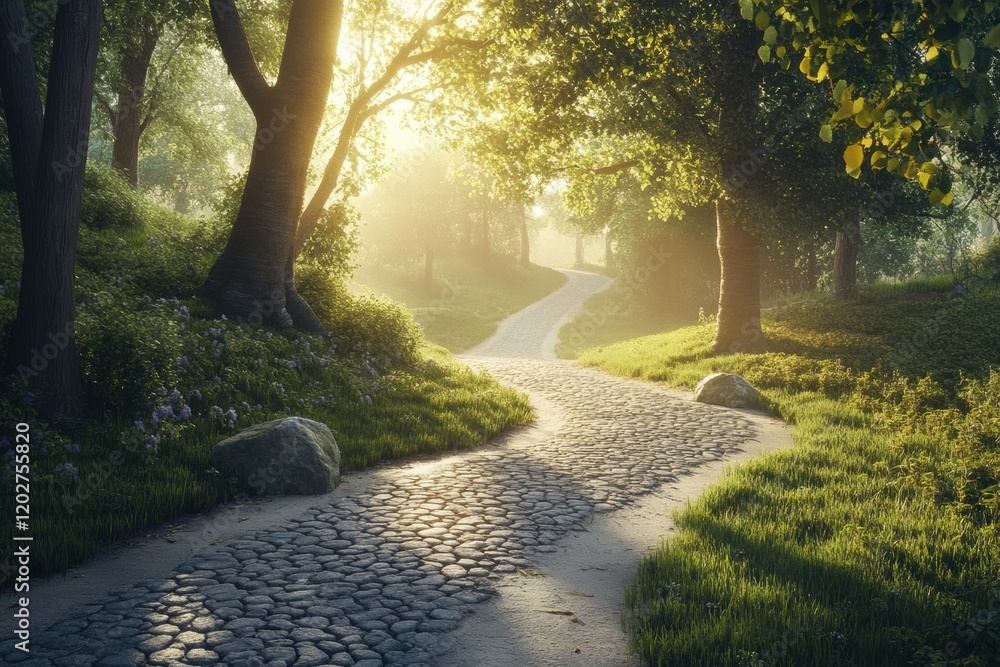 Poster Beautiful winding path through a serene forest with soft sunlight filtering through the trees. Generative AI