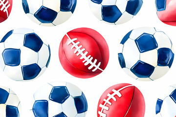Watercolor Seamless Pattern of Soccer Balls and American Footballs, rugby ball, sports, game, blue, red