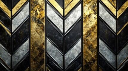 A textured geometric pattern featuring chevron shapes in gold, silver, and black tones.