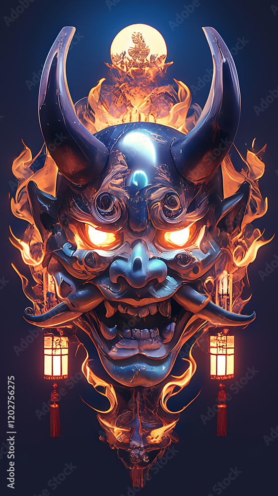 Poster japanese demon mask with bright texture and glowing elements on soft gradient background