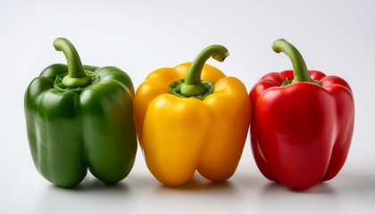 Vibrant trio of bell peppers: green, yellow, and red.
