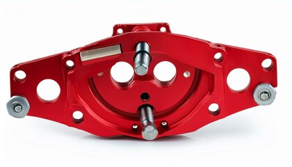 Close-up of a vibrant red metal component with intricate details and metallic accents.