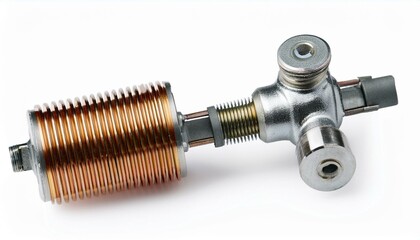 Close-up of a metallic device with copper coils.