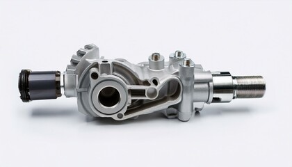 Close-up of a metallic automotive part against a white background.