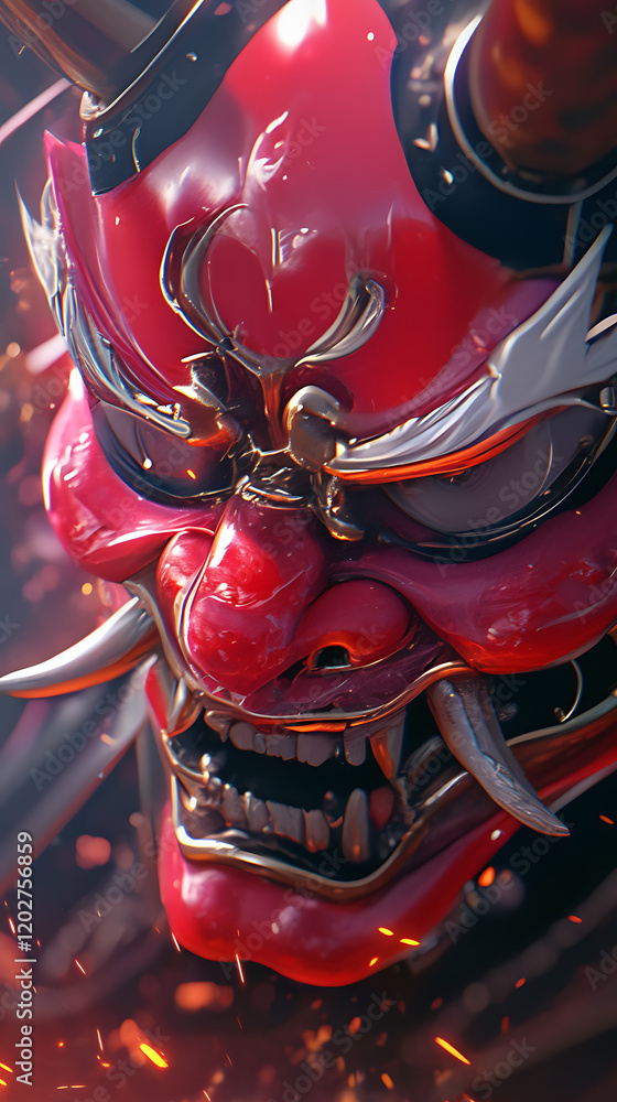 Aufkleber japanese demon mask with bright texture and glowing elements on soft gradient background
