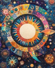 Fototapeta premium Colorful Cosmic Mosaic Abstract Artwork of Sun, Stars, Planets and Galaxy in Mixed Media.