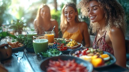 A vibrant gathering of friends enjoying a colorful, healthy meal outdoors.