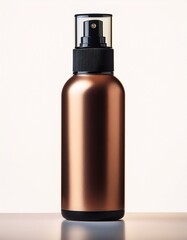Copper-colored spray bottle with a black top.